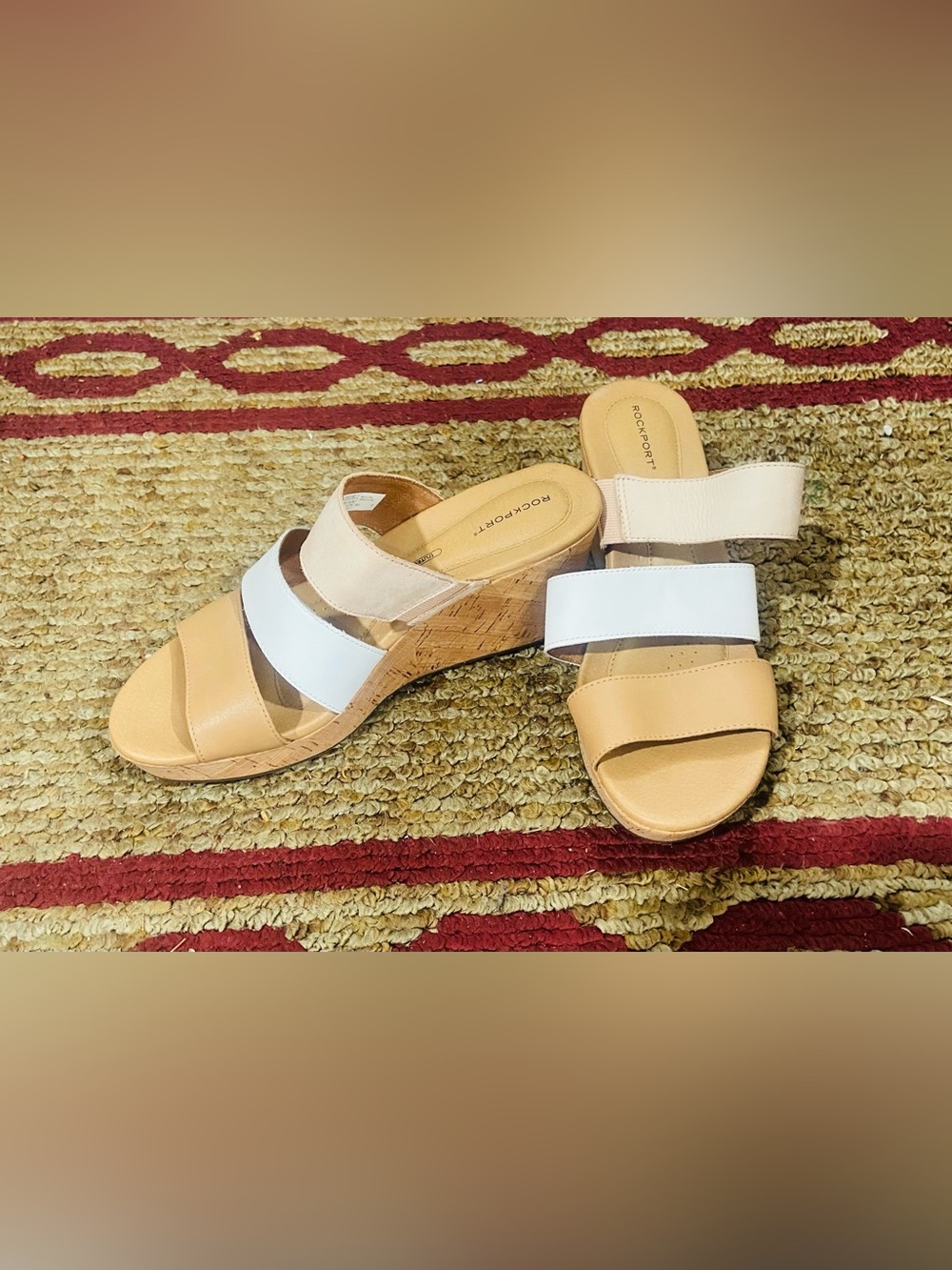 Rockport Women Cork Wedge Sandals in White and Tan